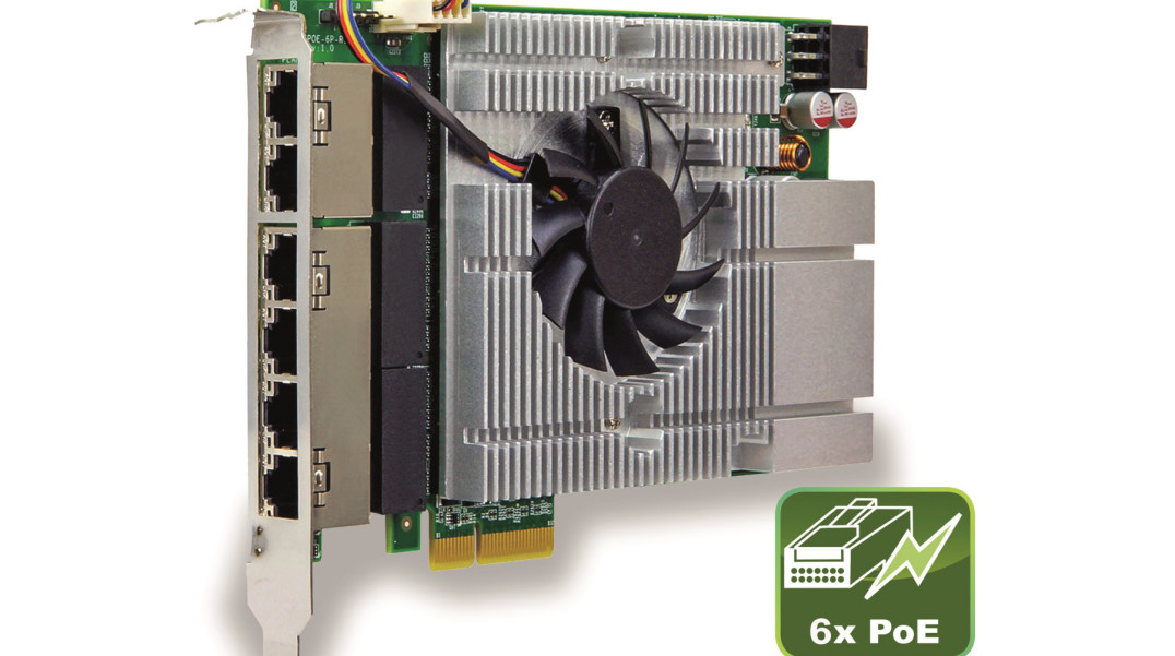 Karta PCIe z 6 portami Gigabit Ethernet PoE o sumarycznej mocy wyjściowej 180 W