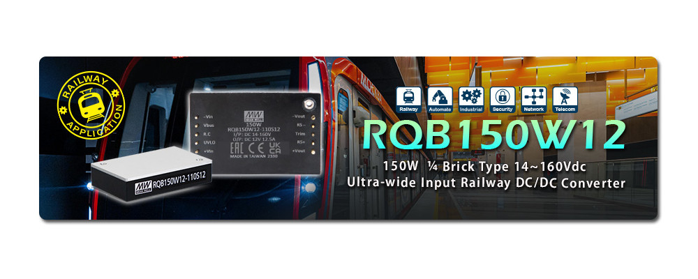 150-watowy zasilacz "kolejowy" formatu 1/4 Brick o zakresie napięcia wejściowego 14...160 VDC