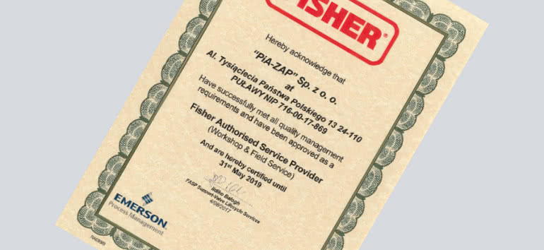 PiA-ZAP z certyfikatem firmy Fisher 